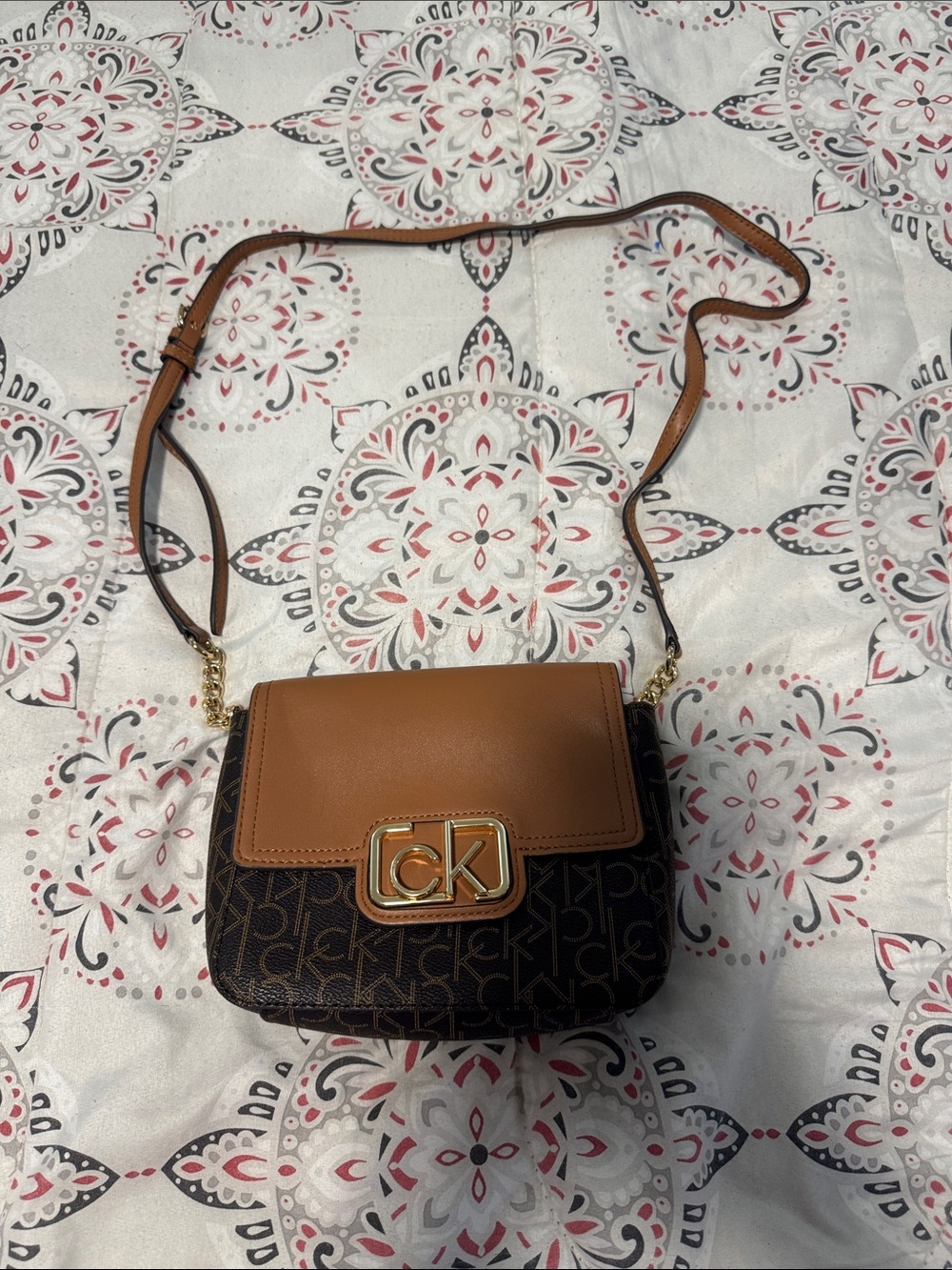 Calvin Klein Tan Leather Flap Black Monogram Crossbody Bag